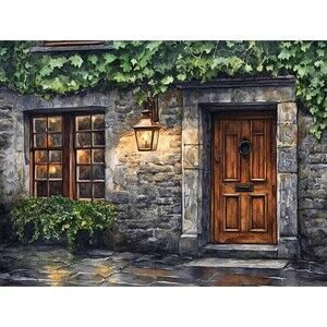 Cozy Cottage Door Canvas Print – Ivy Covered Stone House 16" Tall x 20" Wide